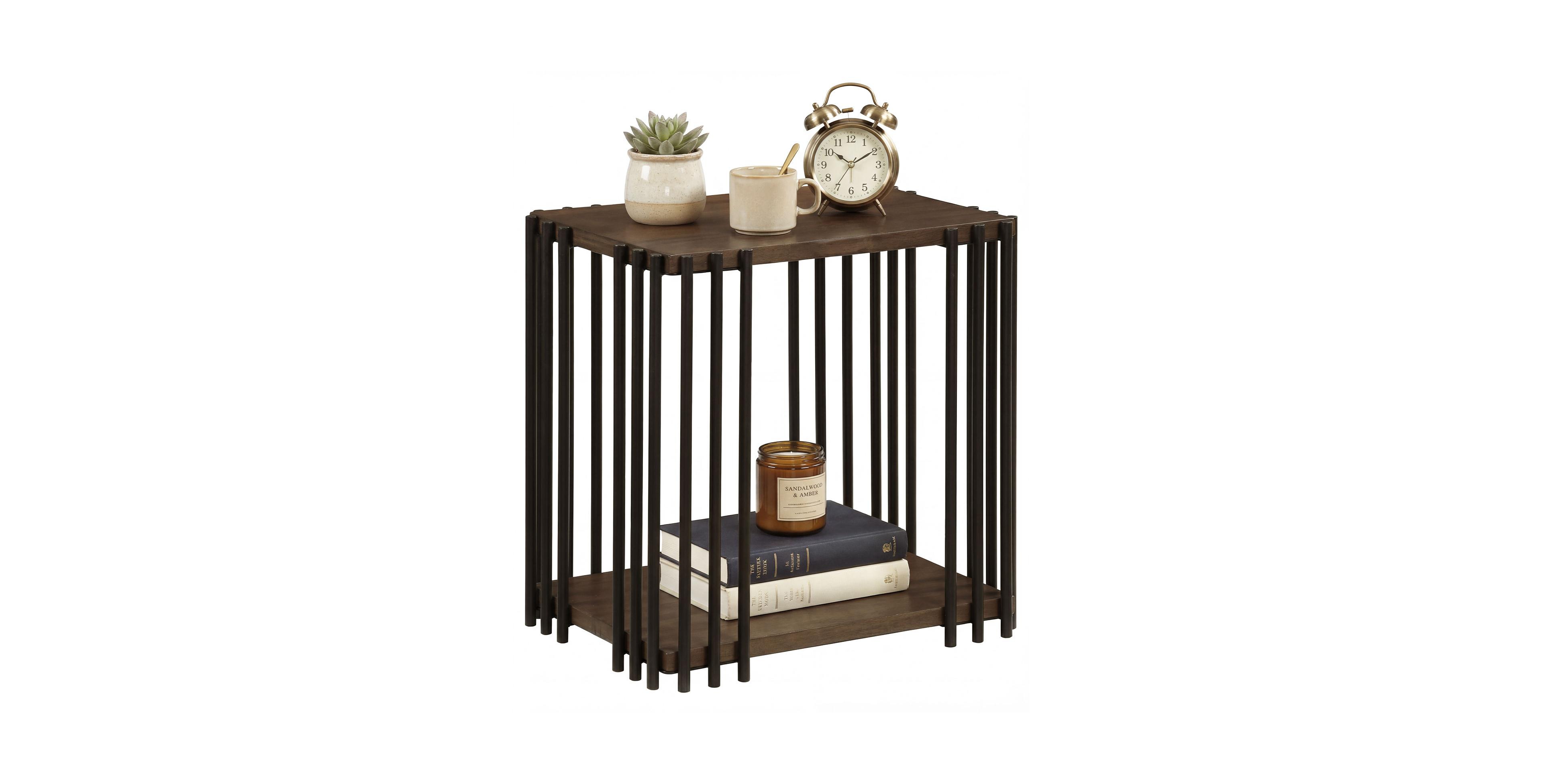 Mecale Rubber Wood Side Table with 2 Layer Storage Shelves and Metal Frame