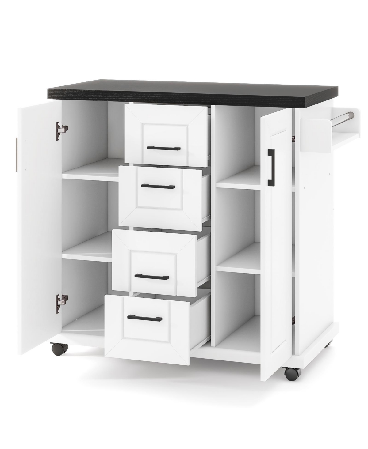 Mecale 42.5 in Rolling Kitchen Island Cart with 2 Cabinets and 4 Drawers