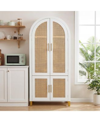 71'' Arched Rattan Storage Cabinet with Shelves White