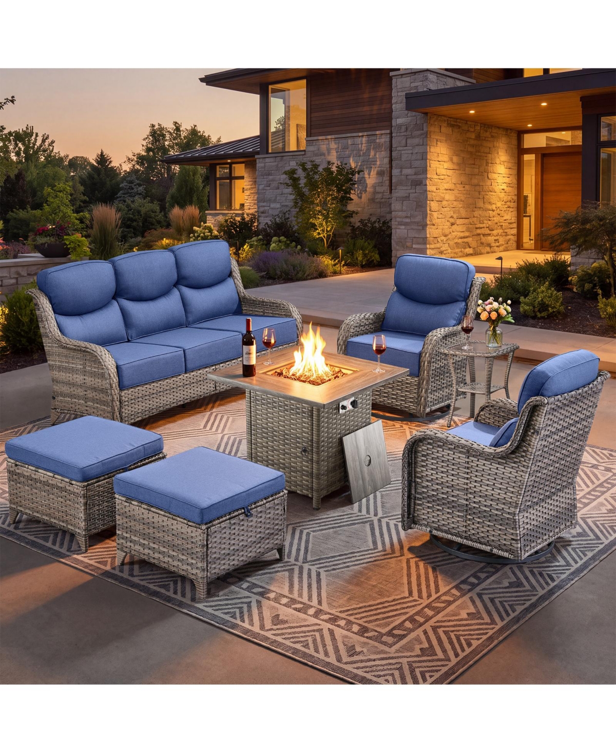 Pocassy Luxury Patio Furniture Set with Fire Pit Table-7 Pieces All Weather Outdoor Swivel Rocker Chairs Sofa and Ottomans
