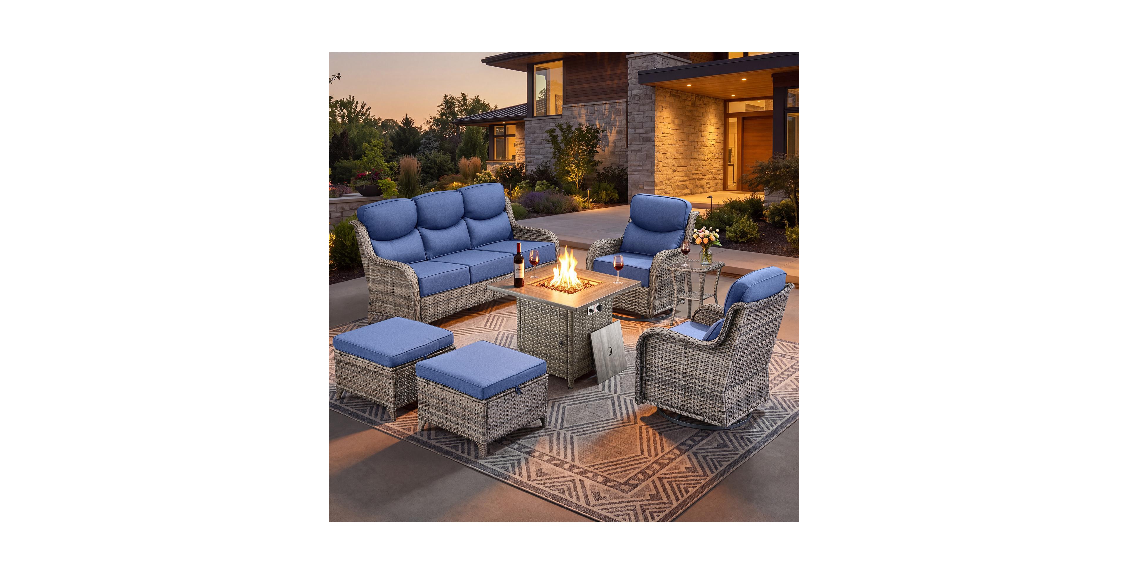 Pocassy Luxury Patio Furniture Set with Fire Pit Table-7 Pieces All Weather Outdoor Swivel Rocker Chairs Sofa and Ottomans