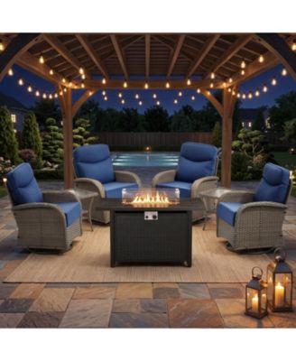 7Pieces Patio Rocking Swivel Chair with 50,000 BTU Fire Pit Table Outdoor Wicker Rattan Bistro Set with Tempered Glass Side Tables