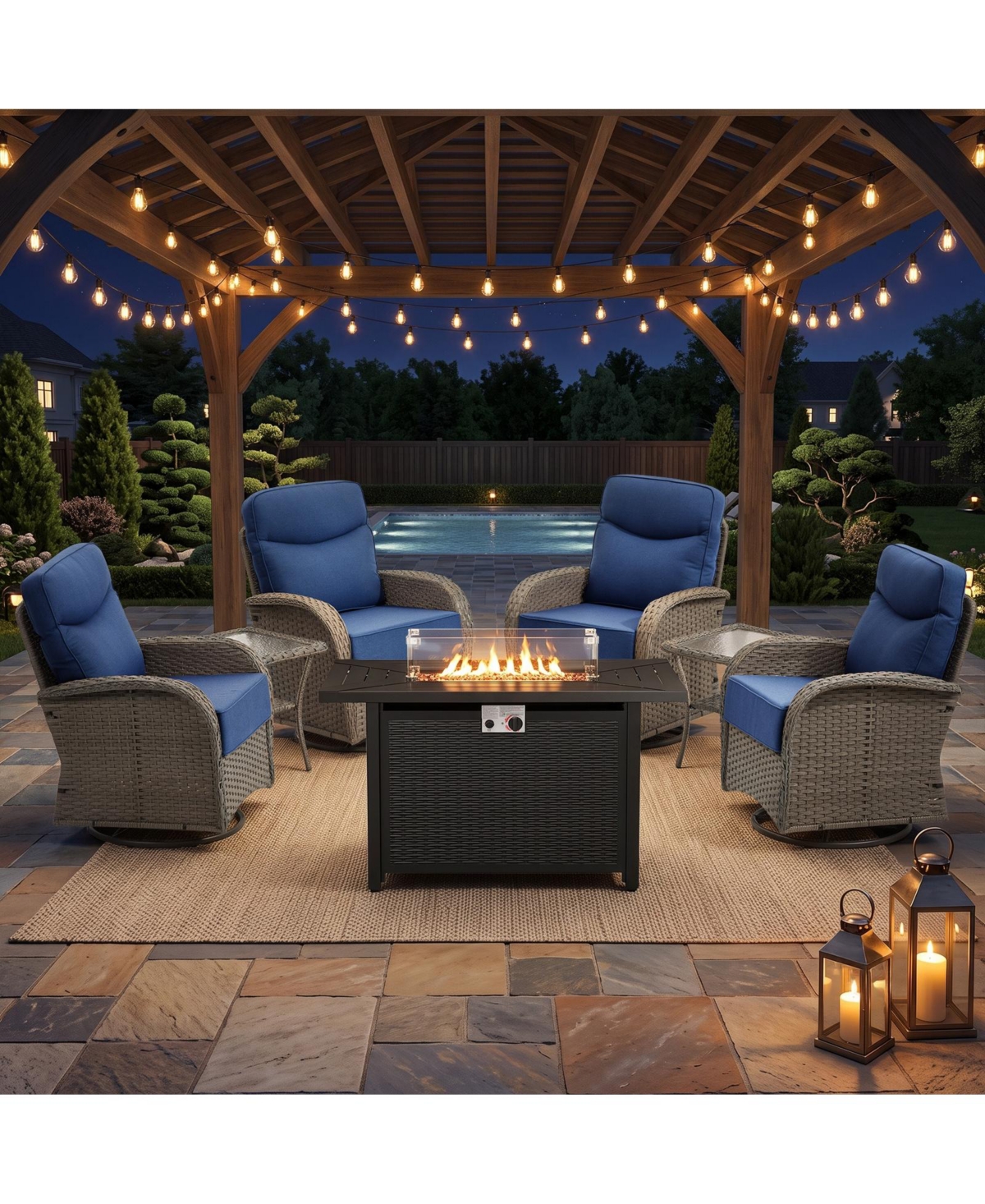 Pocassy 7Pieces Patio Rocking Swivel Chair with 50,000 Btu Fire Pit Table Outdoor Wicker Rattan Bistro Set Tempered Glass Side Tables