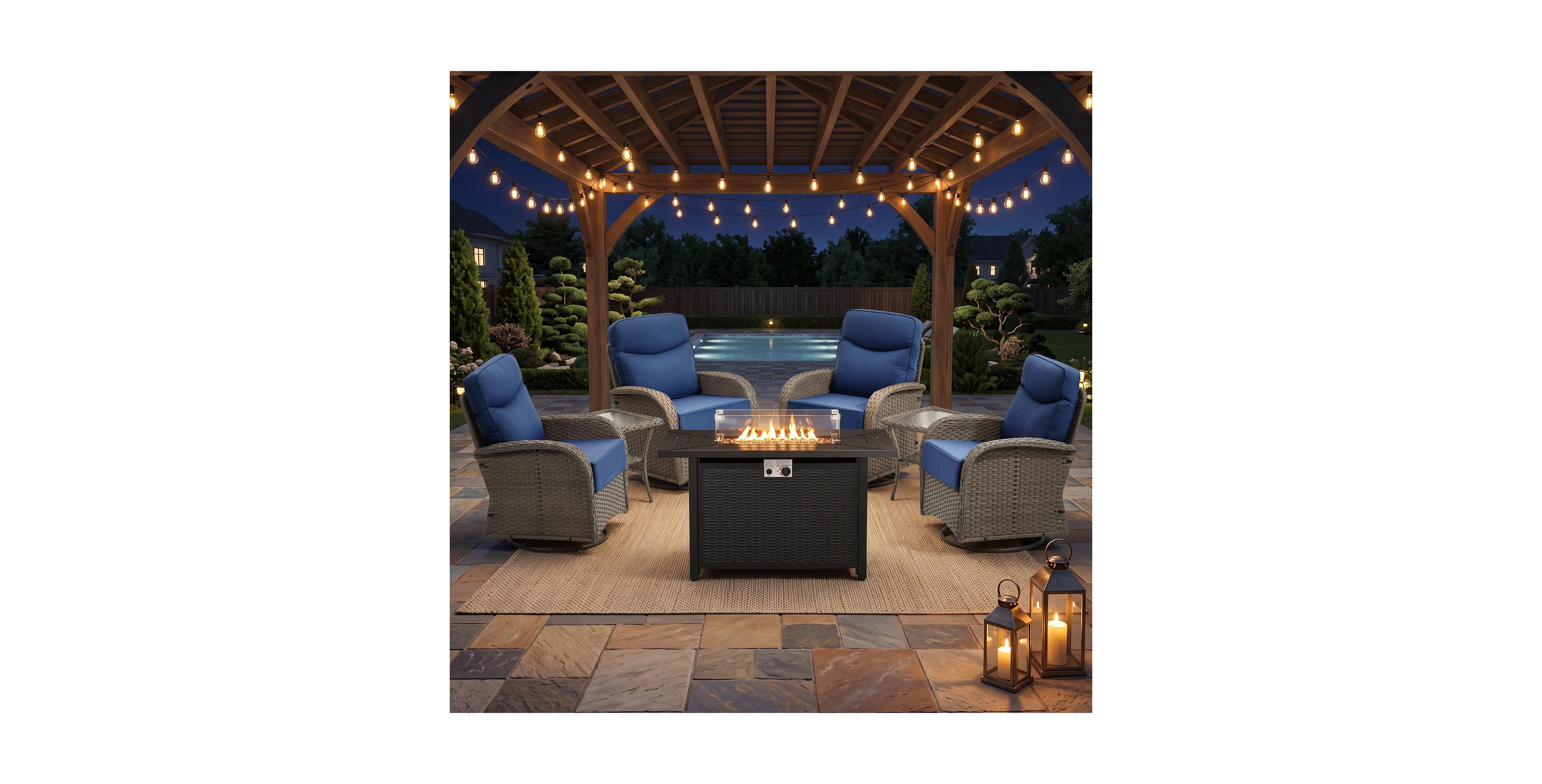 Pocassy 7Pieces Patio Rocking Swivel Chair with 50,000 Btu Fire Pit Table Outdoor Wicker Rattan Bistro Set Tempered Glass Side Tables