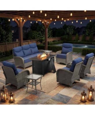 8 Piece Outdoor Furniture Set with 6-inch Cushions, Wicker Conversation Set with Swivel Rocker Chairs and Ottomans, High Back Conversation Set
