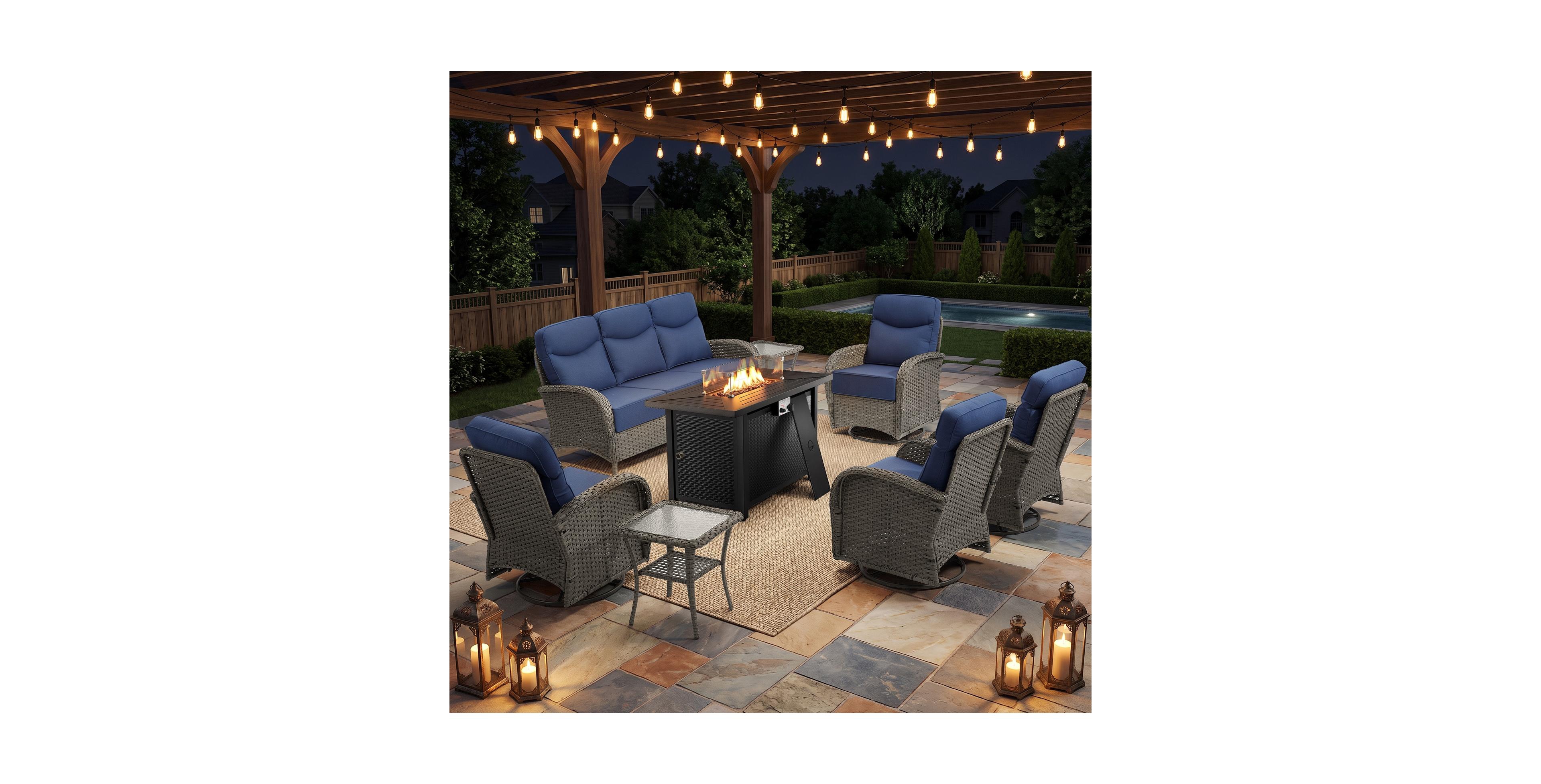 Pocassy 8 Piece Outdoor Furniture Set with 6-inch Cushions, Wicker Conversation Set with Swivel Rocker Chairs and Ottomans, High Back Conversation Set
