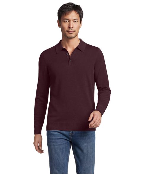 Мужские топы Lands' End Long Sleeve Cotton Sweater Polo, цвет: Бордовый