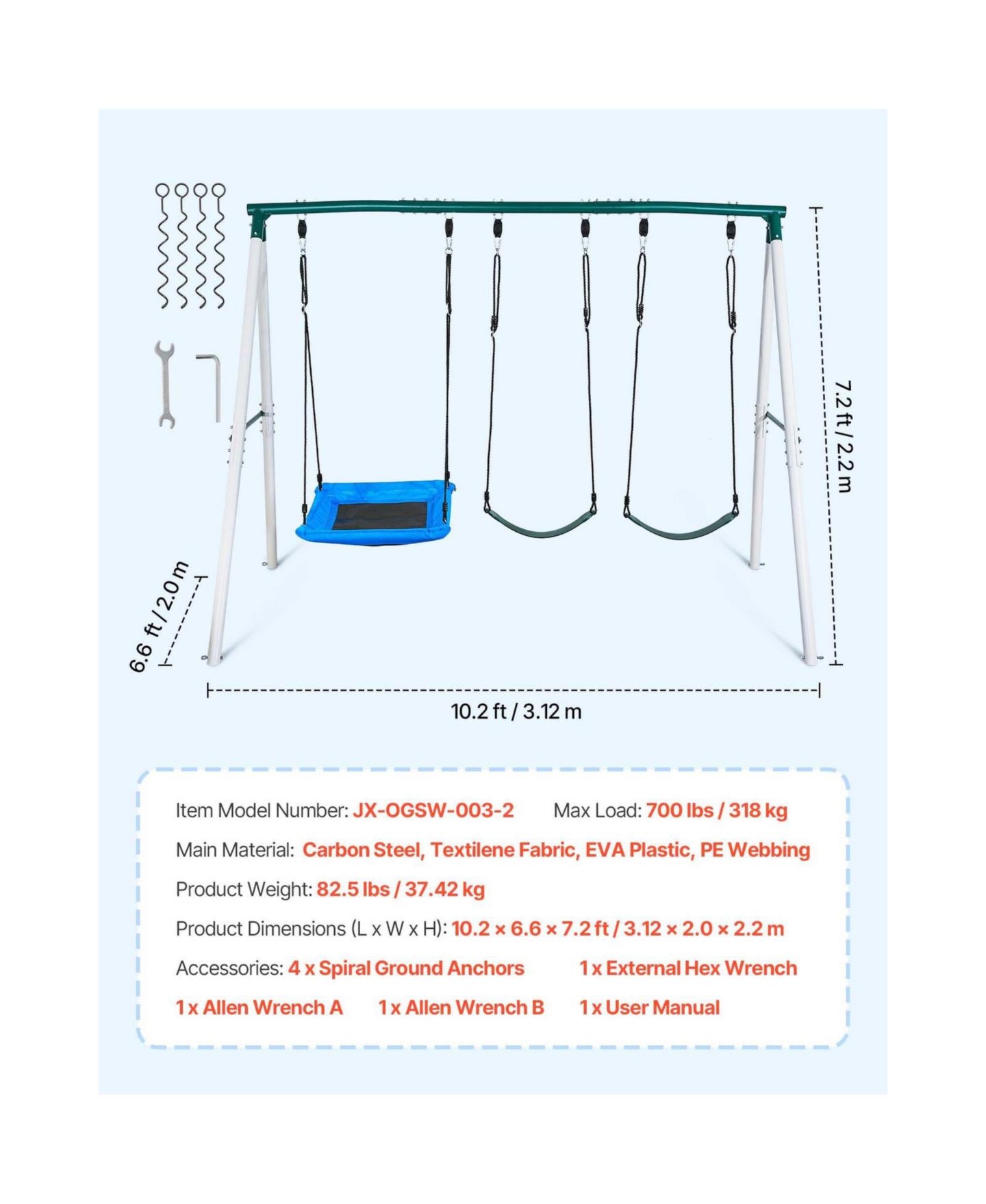 Детские игрушки Glintex Backyard A-Frame Swing Set, 700 lb Capacity, Three Seats, Ages 3+, цвет: Зелёный — фото 6