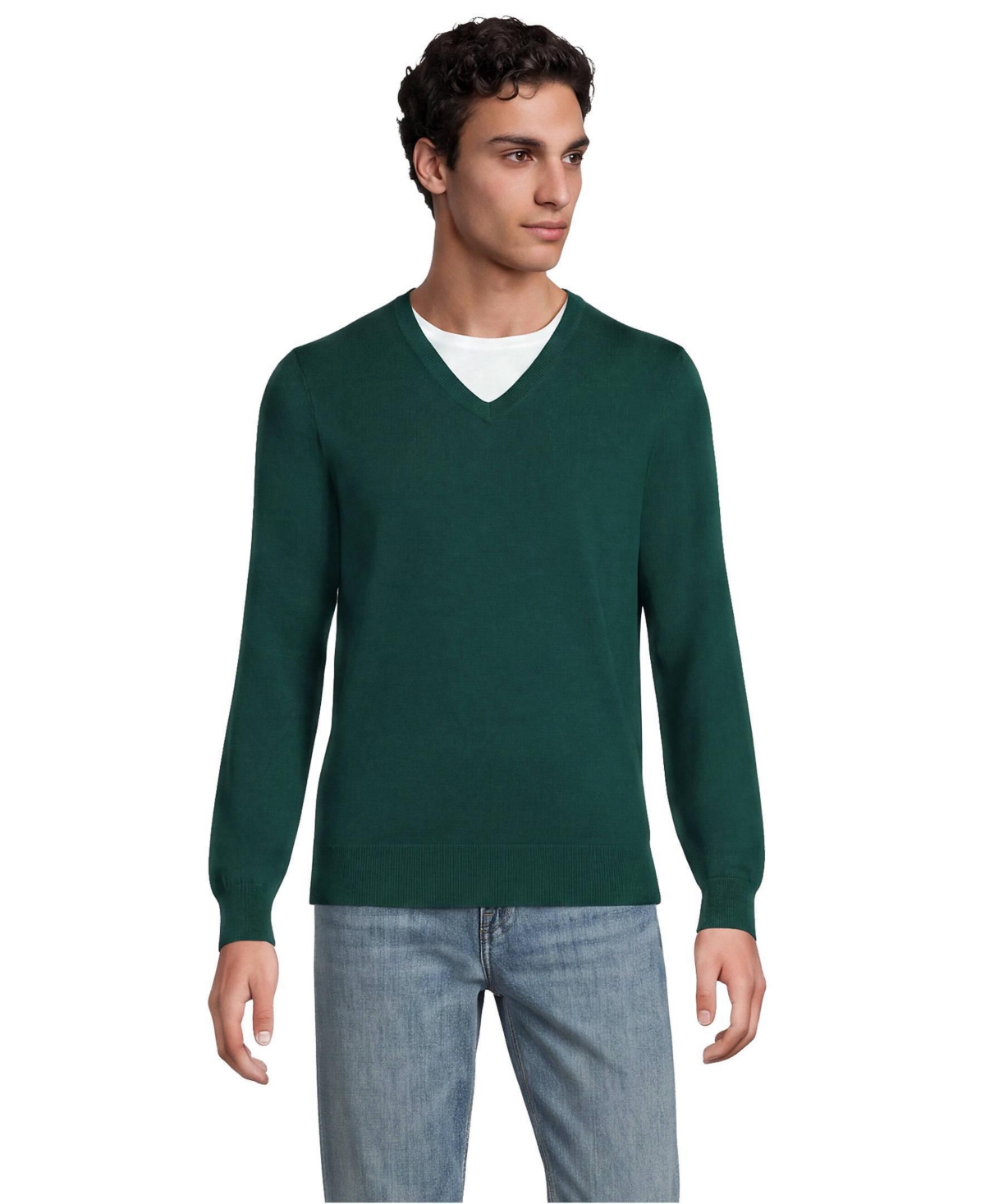 Lands' End Men's Fine Gauge Cotton V Neck Sweater - Deep balsam