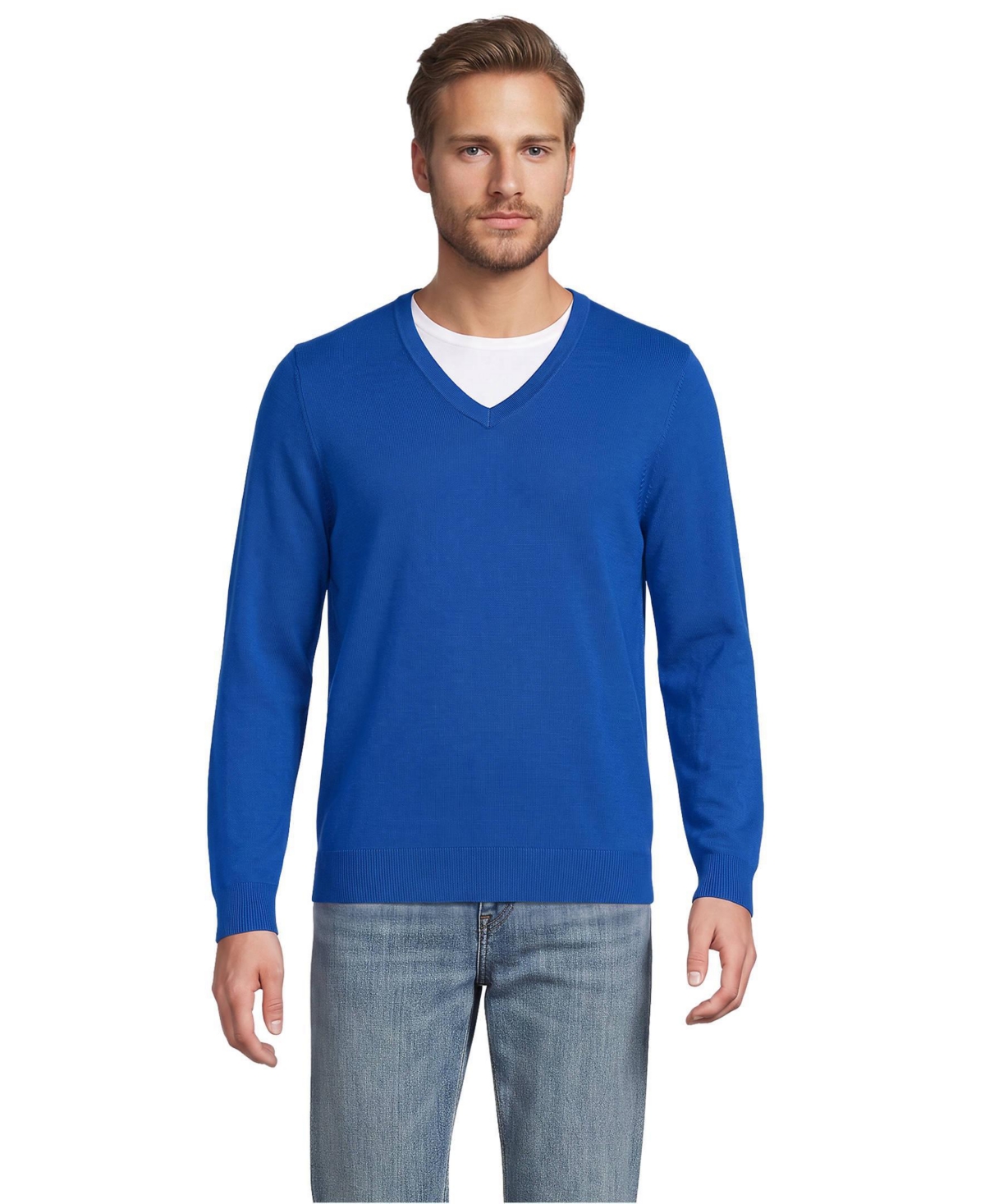 Lands' End Men's Fine Gauge Cotton V Neck Sweater - Cool cobalt