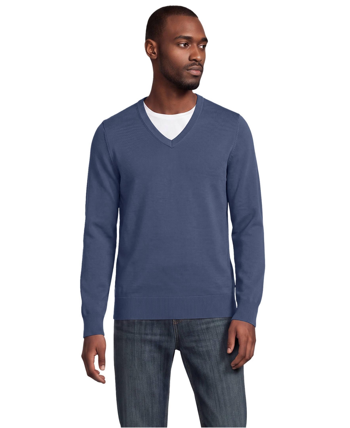 Lands' End Men's Fine Gauge Cotton V Neck Sweater - Nightfall blue