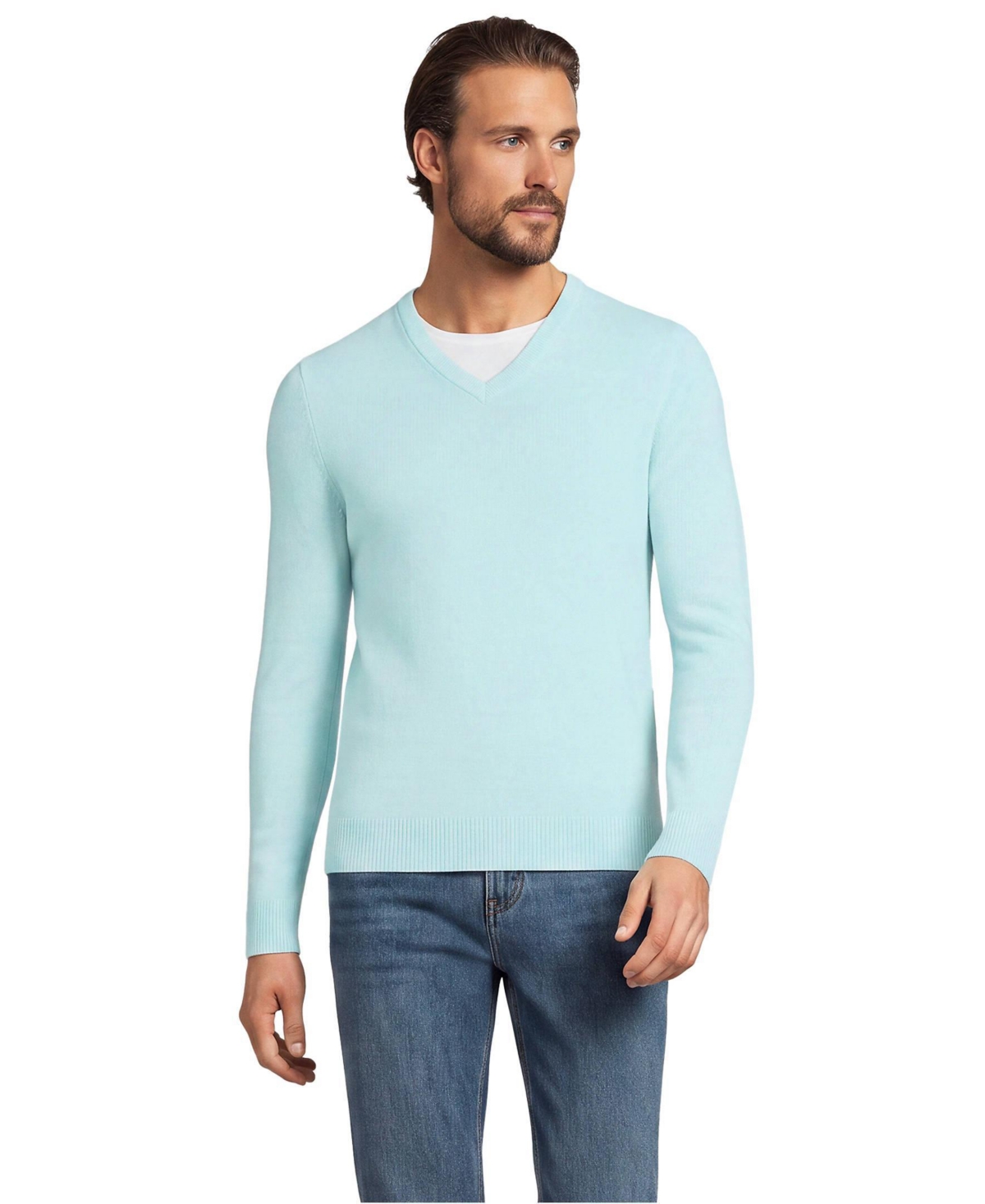 Lands' End Men's Fine Gauge Cashmere V-neck Sweater - Light seagrass