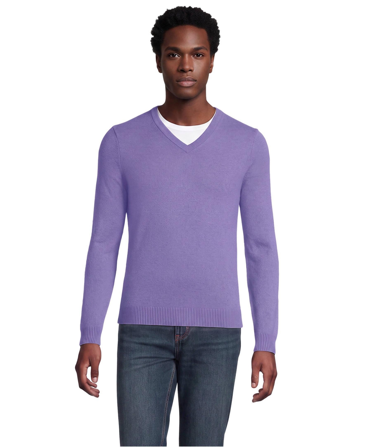 Lands' End Men's Fine Gauge Cashmere V-neck Sweater - Muted purple heather
