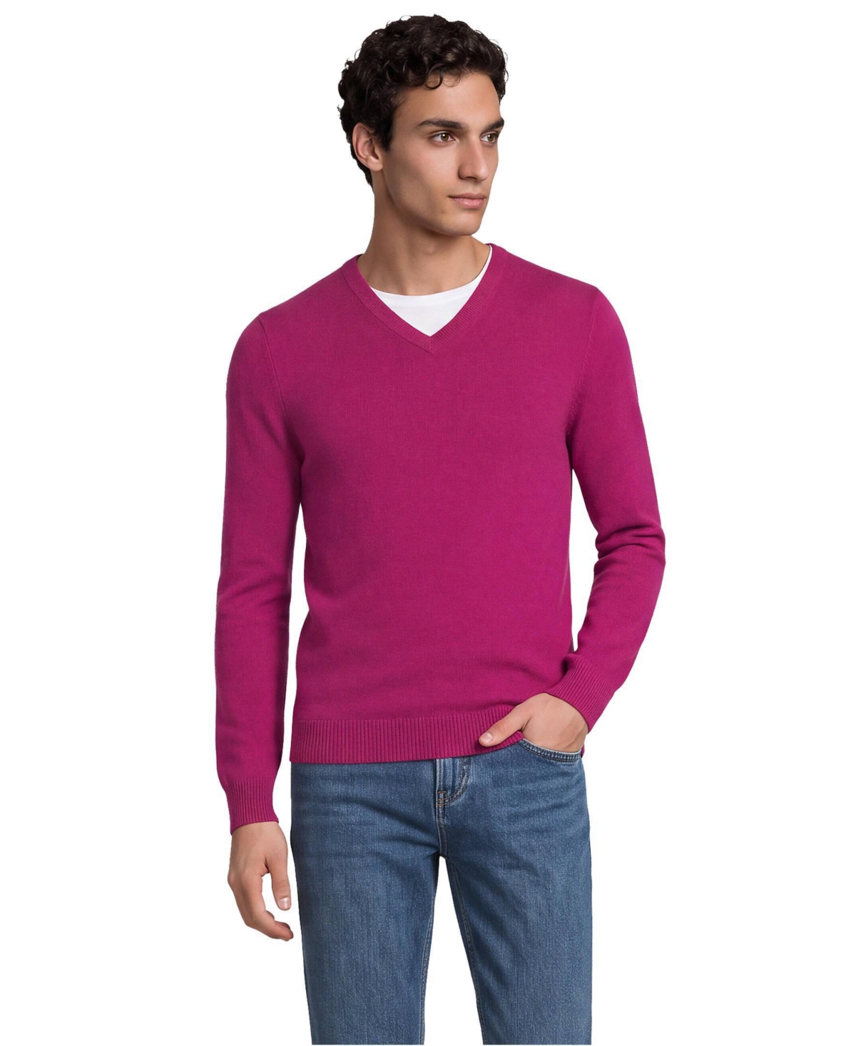 Lands' End Men's Fine Gauge Cashmere V-neck Sweater - Brilliant magent pink