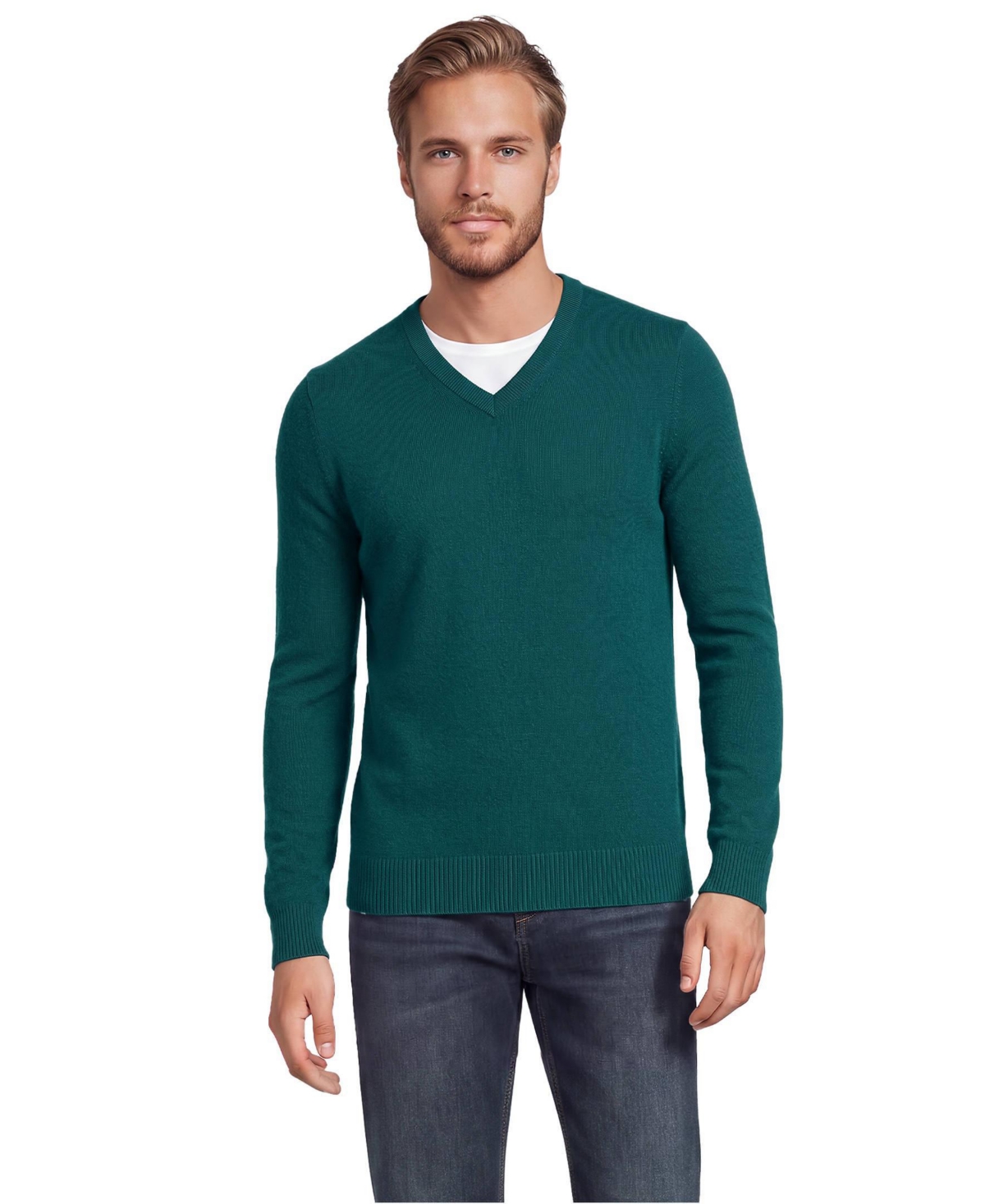 Lands' End Men's Fine Gauge Cashmere V-neck Sweater - Emerald glen heather