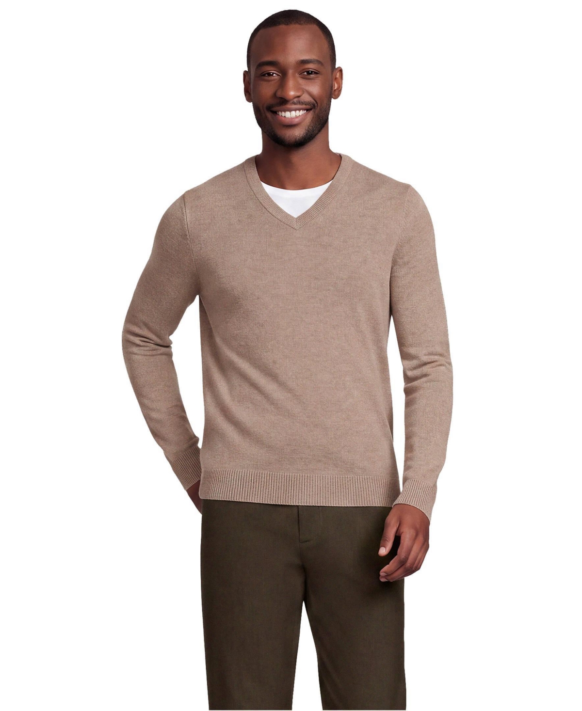 Lands' End Men's Fine Gauge Cashmere V-neck Sweater - Dark khaki heather