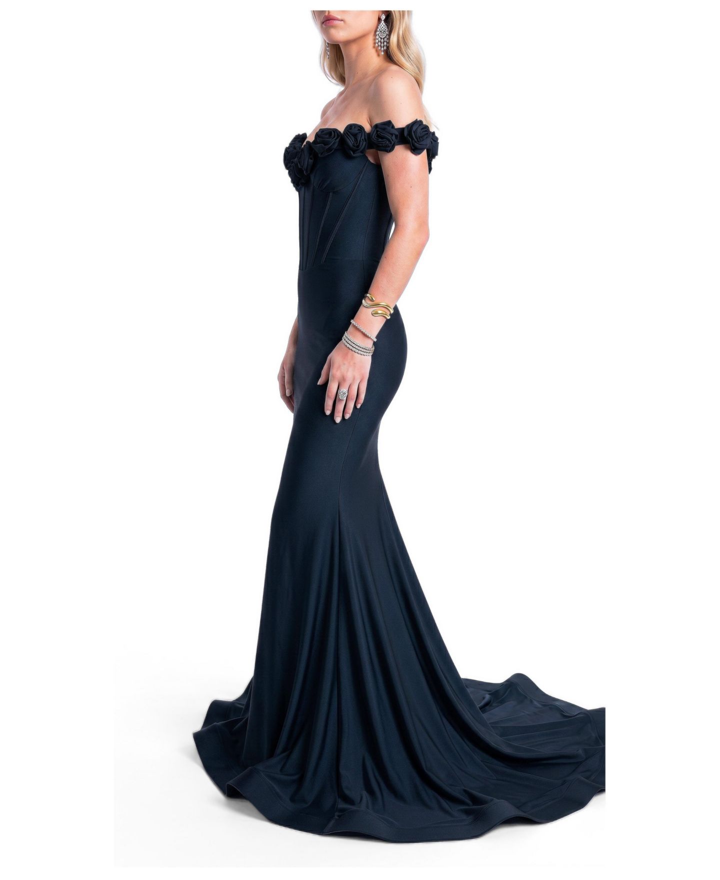 Женское платье Jessica Angel Rosette Off-Shoulder Mermaid Gown, цвет: Чёрный — фото 3