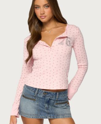 Women's 76 Rhinestone Floral Henley Top