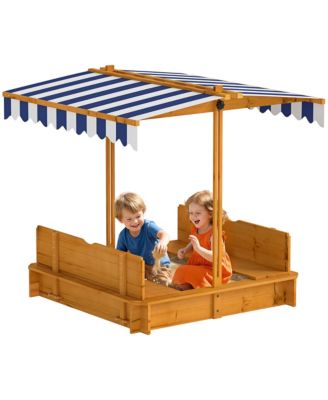Wooden Kids Sandbox with Adjustable Canopy, Foldable Bench Seats and Bottom Liner, 41.7" Square, 45.3" Tall, Ages 2+