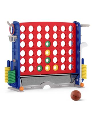 Jumbo 4-to-Score Game, 4-in-1 Backyard Game Set with Ring Toss, Basketball Hoop, Mini Golf and 3 Adjustable Heights, Blue and Orange
