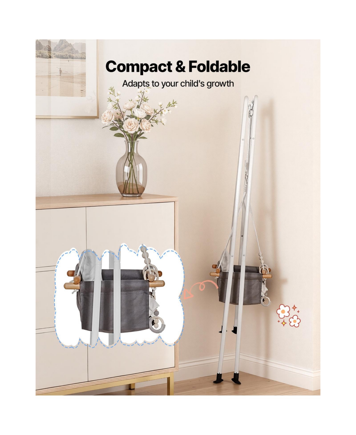 Glintex Toddler Swing and Jumper, 2-in-1 Baby Set Bouncer with Foldable A-Frame Metal Stand, Canvas Seat 50 lb Capacity
