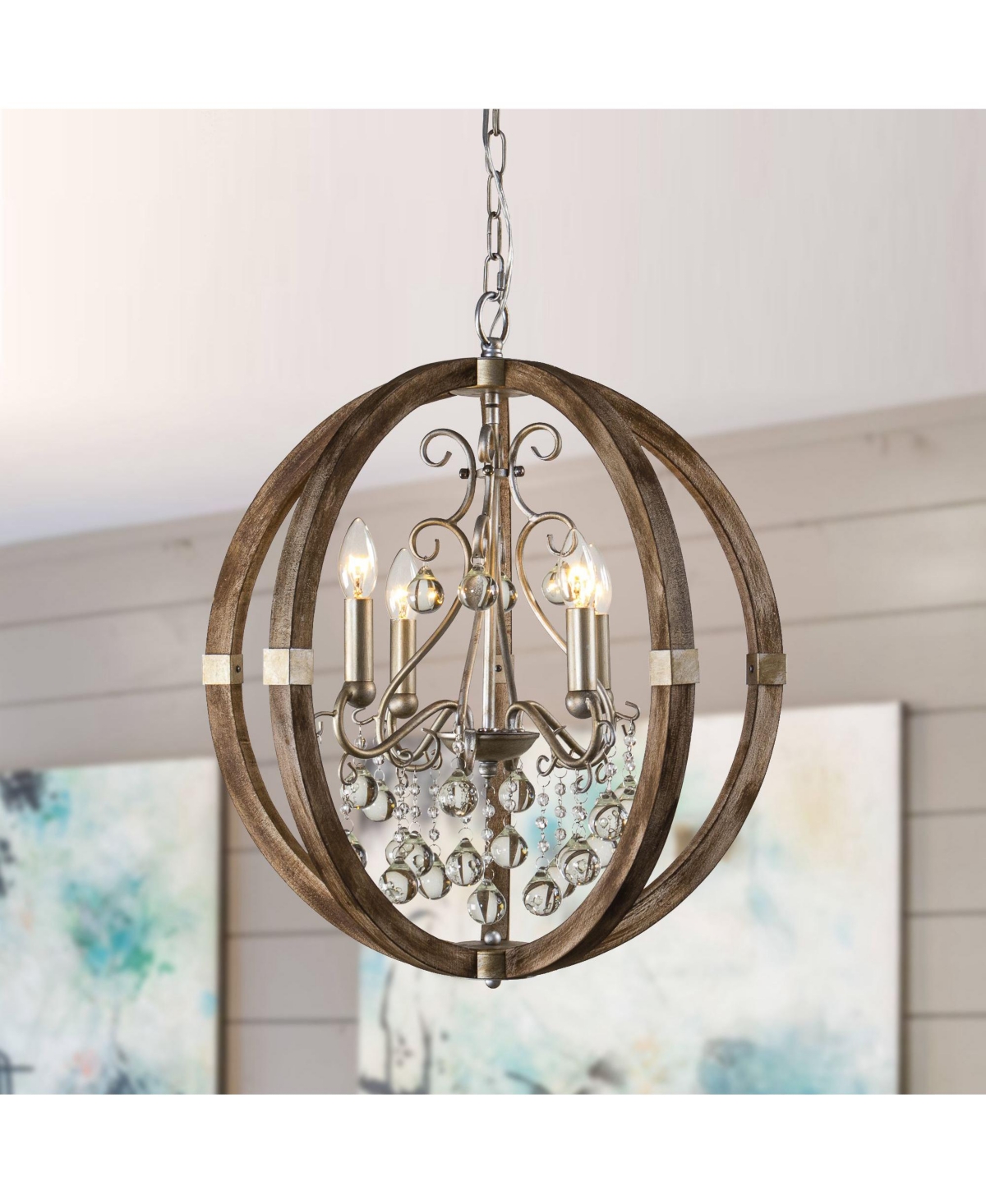 Parrot Uncle Farmhouse 4-Light Weathered Wooden Frame Globe Crystal Chandelier