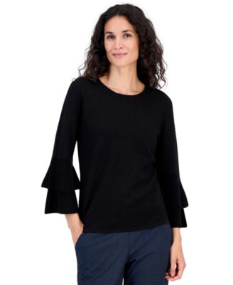 Petite Textured Knit Flared-Cuff 3/4-Sleeve Top