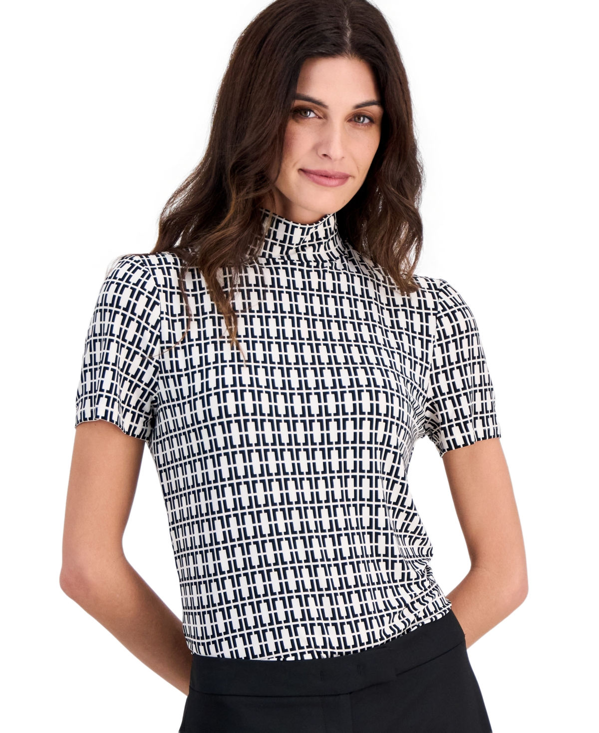 Anne Klein Short-Sleeve Mock-Neck Top