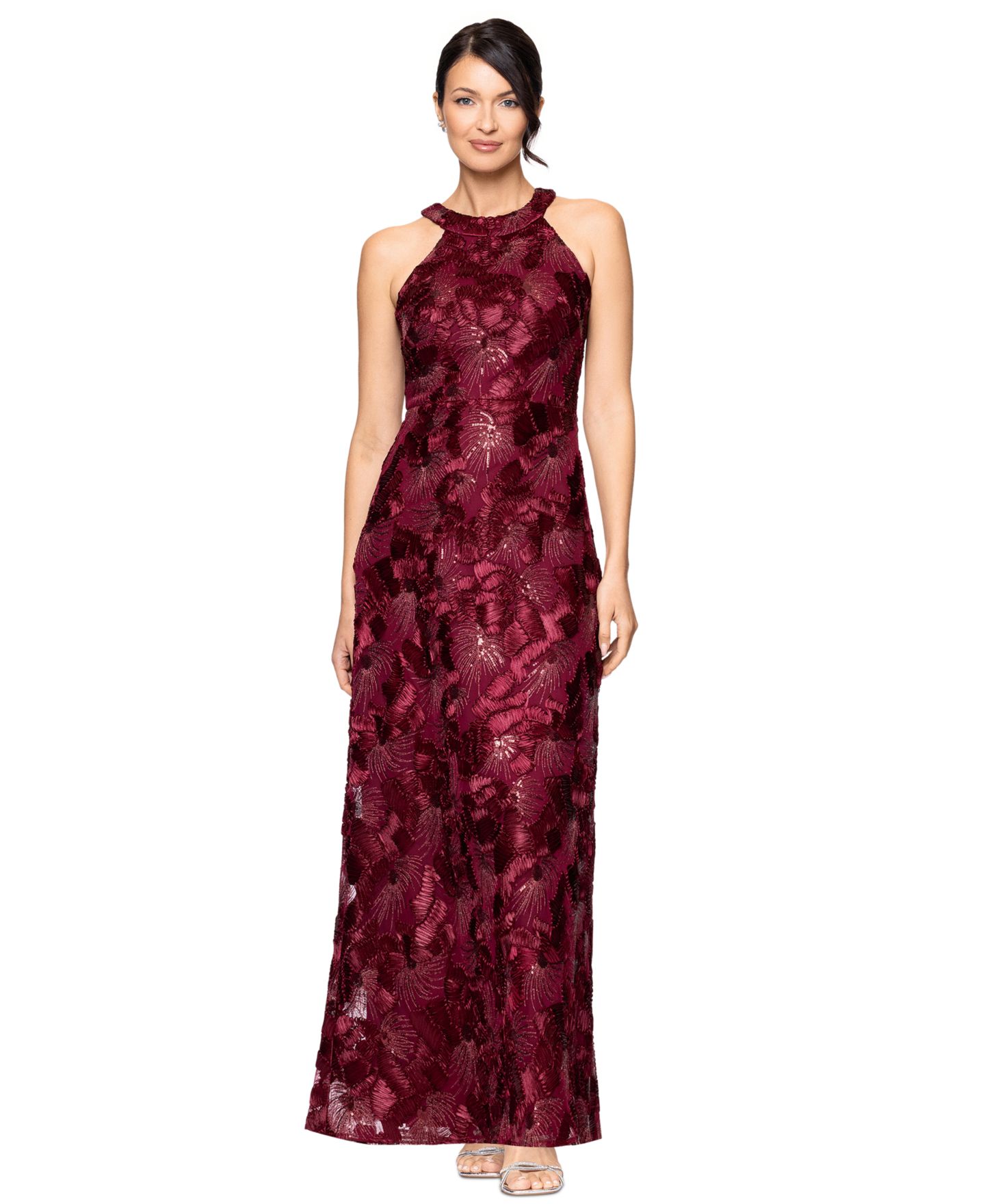 Женское платье Betsy & Adam Sequined Soutache Halter Gown, цвет: Чёрный телесный — фото 5