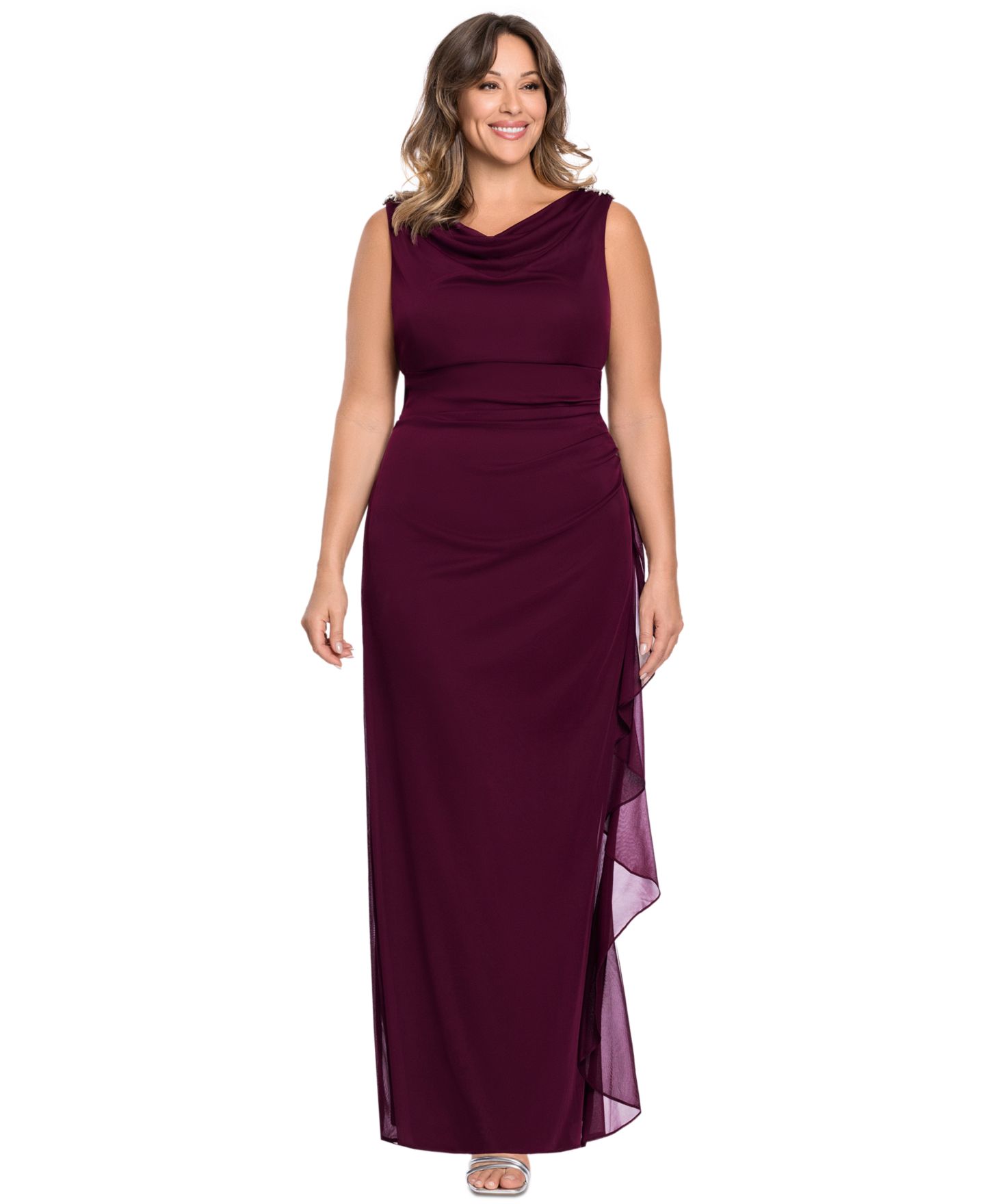 Женское платье B&A By Betsy and Adam Plus Size Ruched Back Cowl Neck Ball Gown, цвет: Гранатовый — фото 1