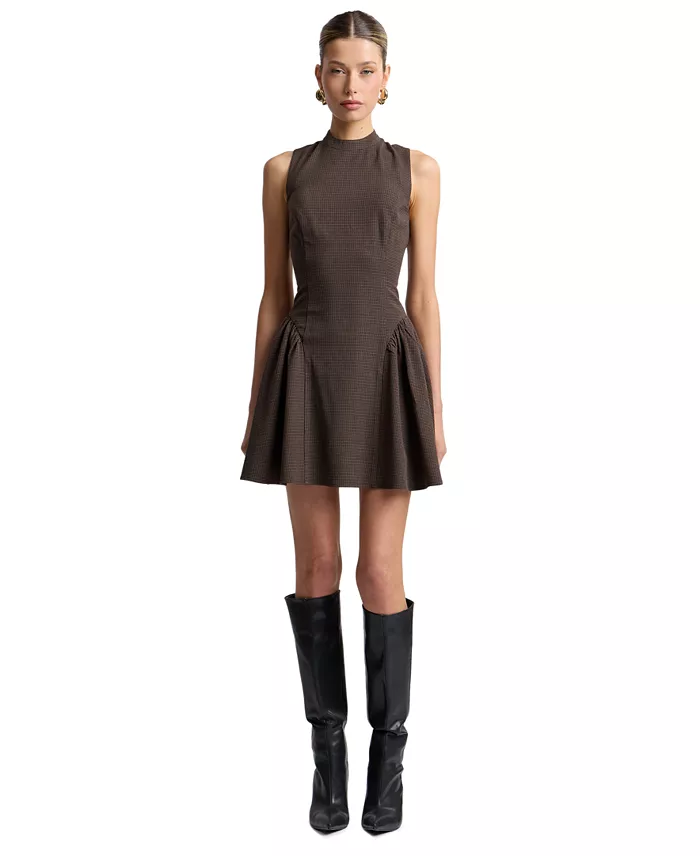 Women's Stretch Plaid Mock-Neck Flounce Mini Dress