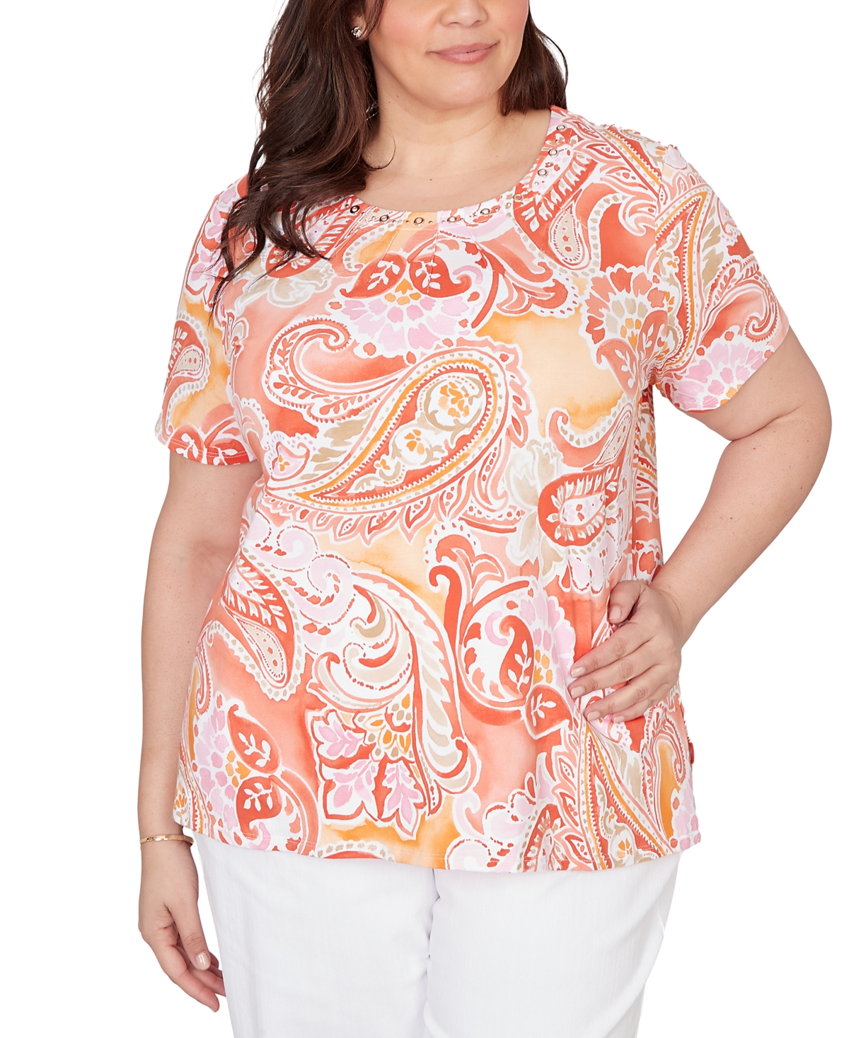 Alfred Dunner Plus Size Paisley Beaded Neck Pleated T-Shirt