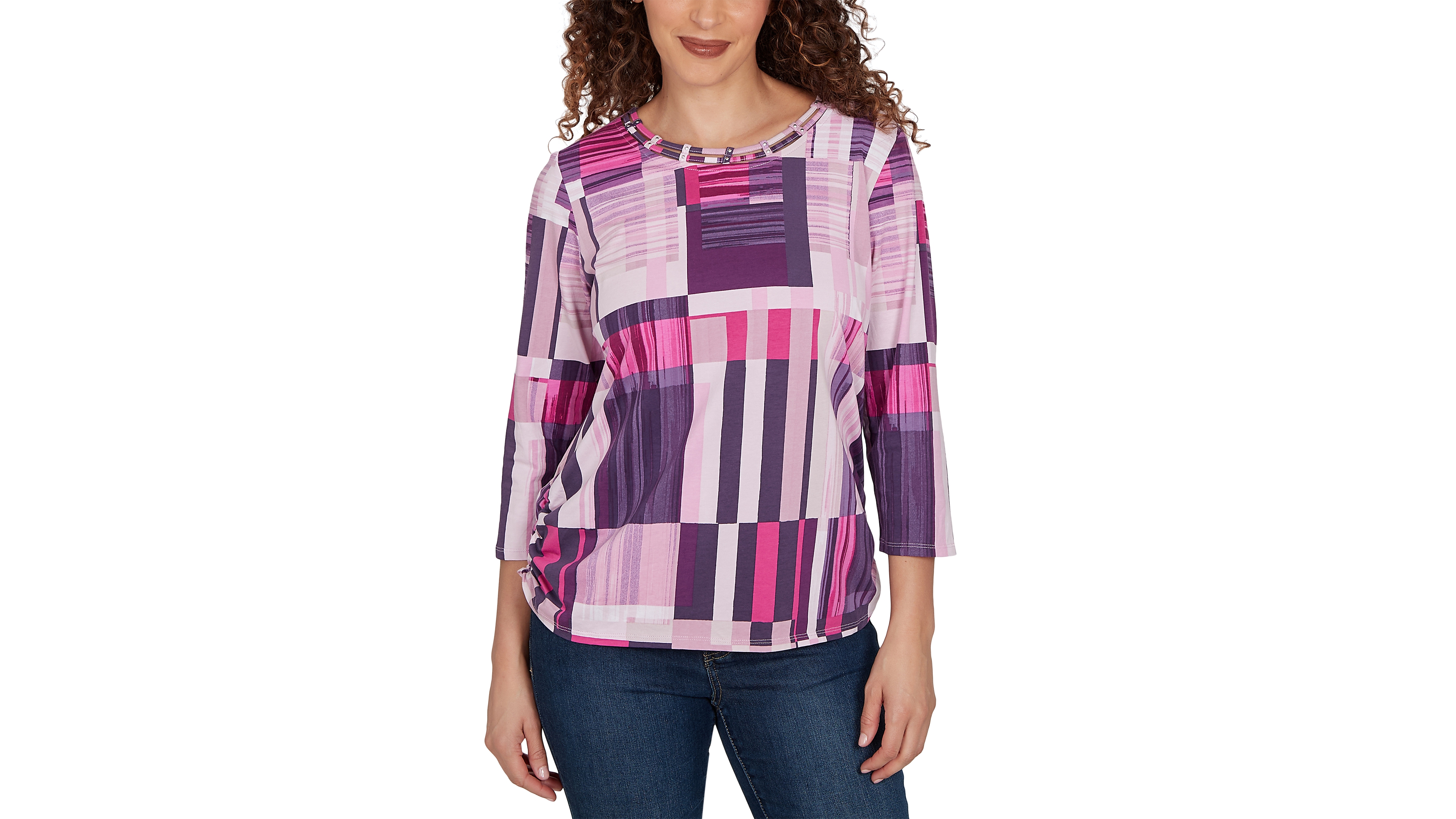 Alfred Dunner Petite Purple Bars Ruched Sides Top