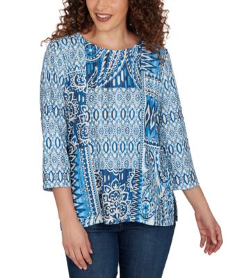 Women's Medallion Navy Patchwork Knit Top