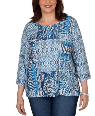 Plus Size Medallion Navy Patchwork Knit Top