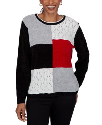 Women's Petite Colorblock Cable-Knit Long-Sleeve Crewneck Pullover