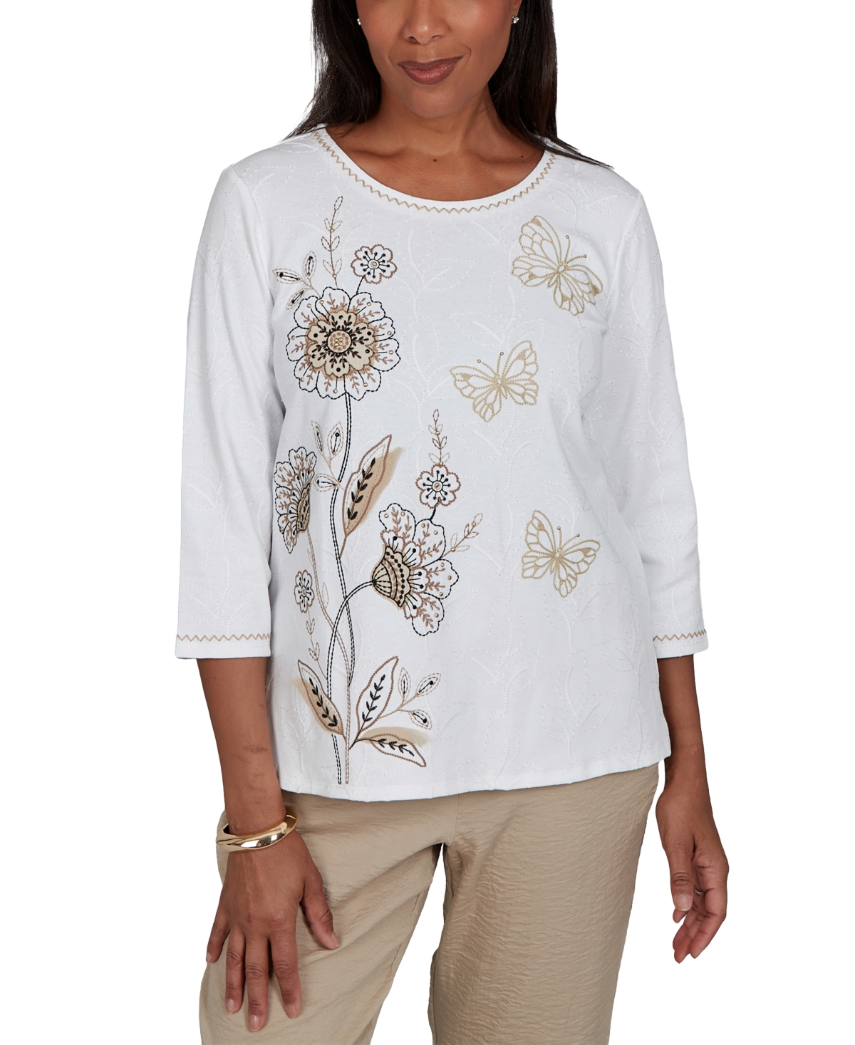 Alfred Dunner Petite Travel Advisory Floral Butterfly Line Embroidered Top
