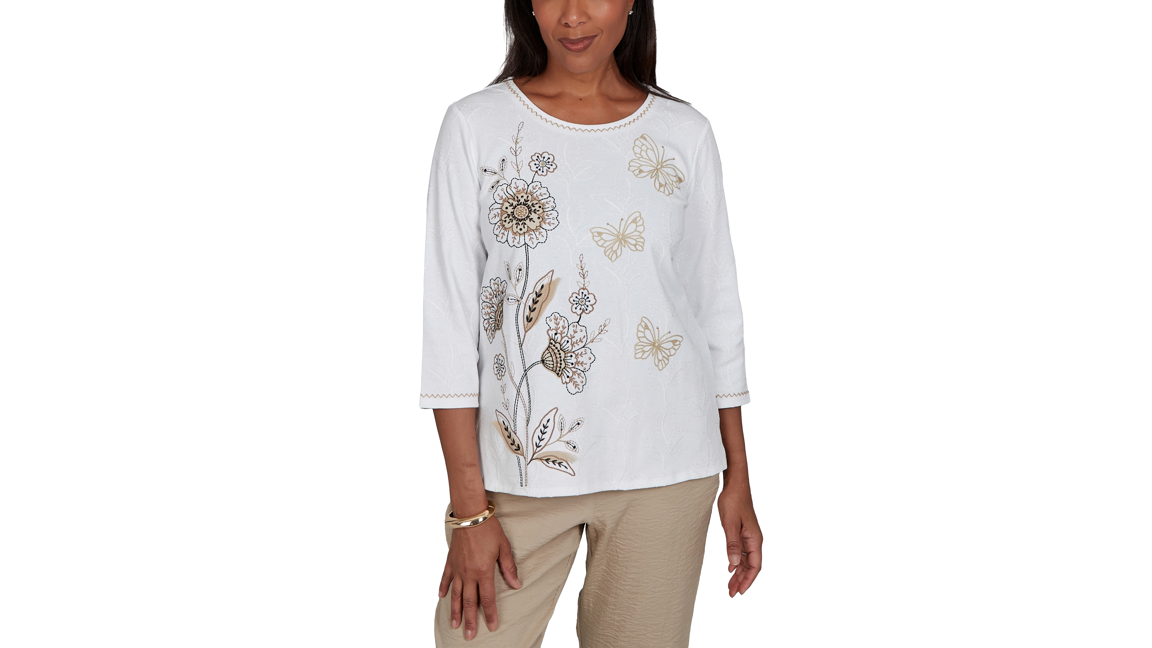 Alfred Dunner Petite Travel Advisory Floral Butterfly Line Embroidered Top