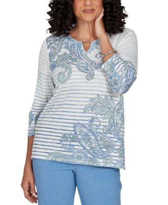 Petite Provence Paisley Stripe Split Neck 3/4 Sleeve Top