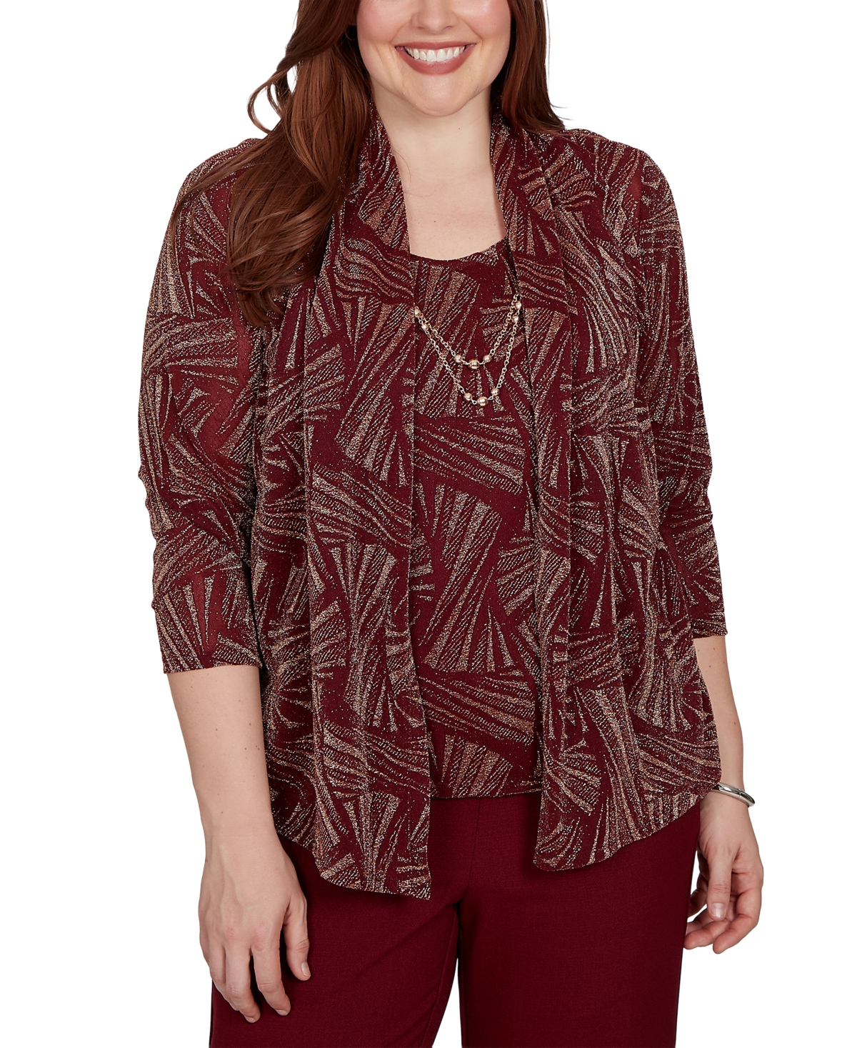 Alfred Dunner Women's Union Square Shimmer Abstract Two One Top With Necklace