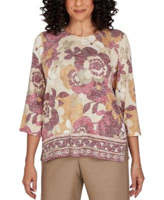 Petite Union Square Exploded Floral Geo Border 3/4-Sleeve Top