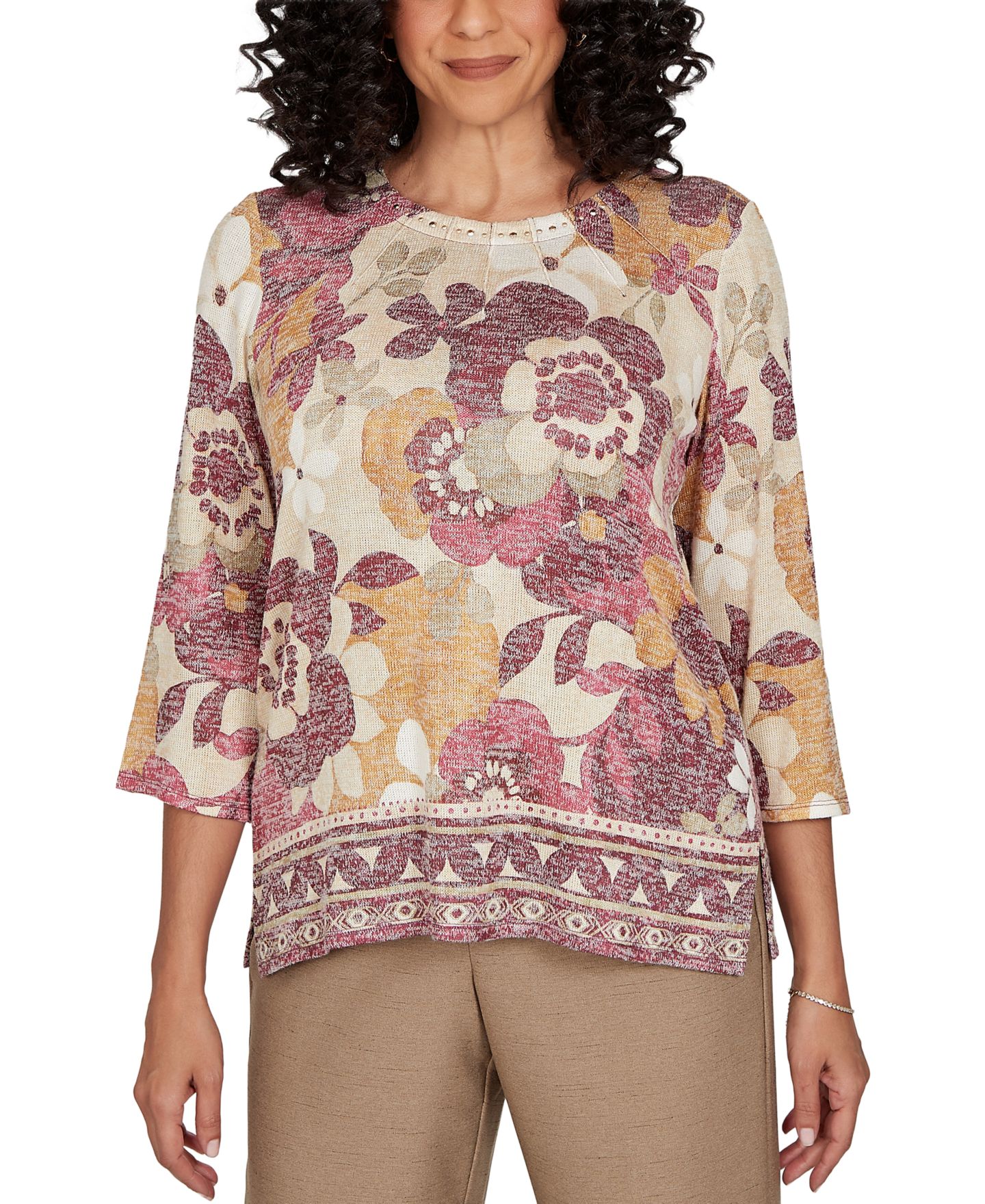 Женский топ Alfred Dunner Petite Union Square Exploded Floral Geo Border 3/4-Sleeve, цвет: Tanmult — фото 1