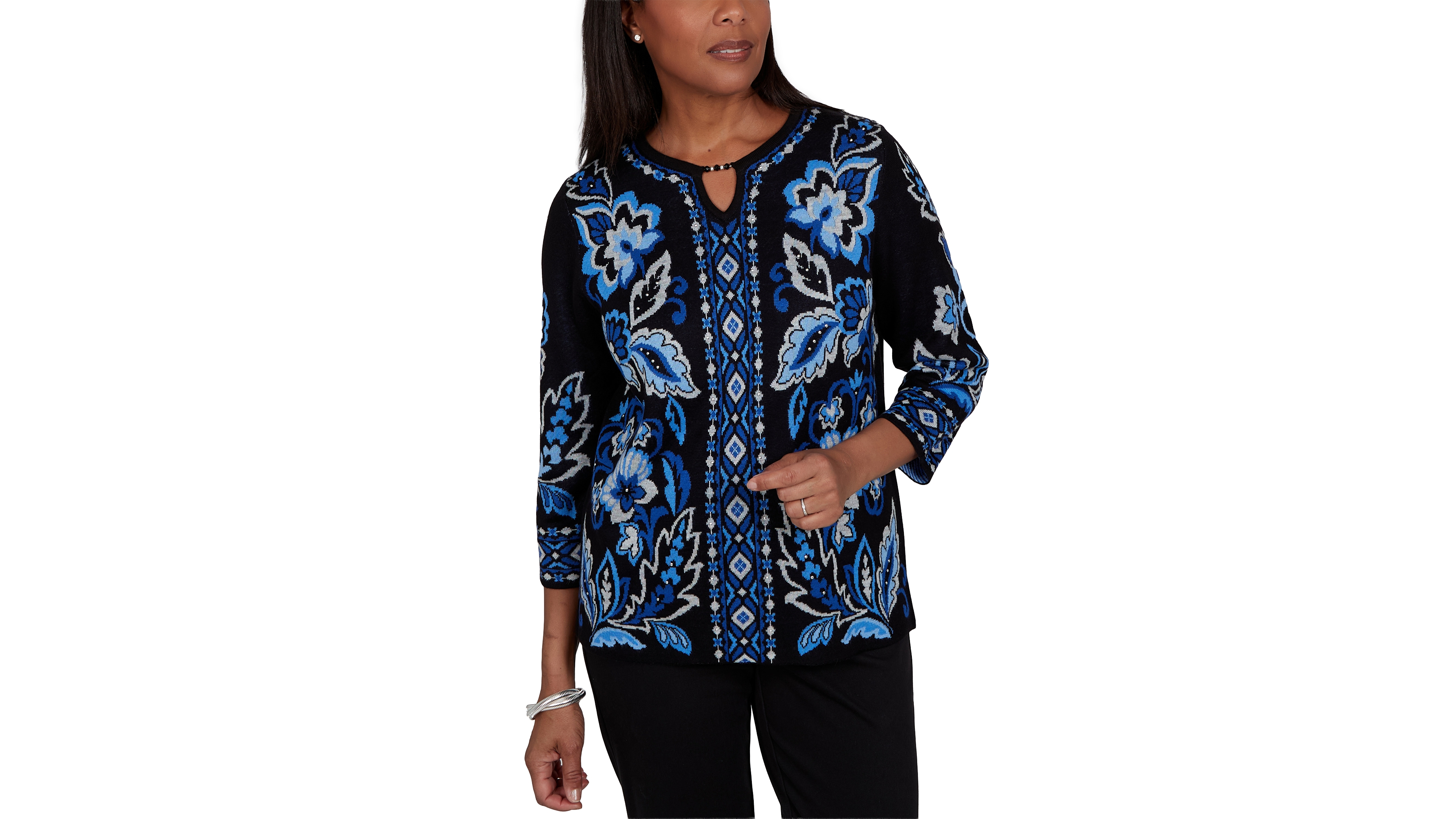 Alfred Dunner Women's 3/4-Sleeve Keyhole-Neck Floral-Print Pullover