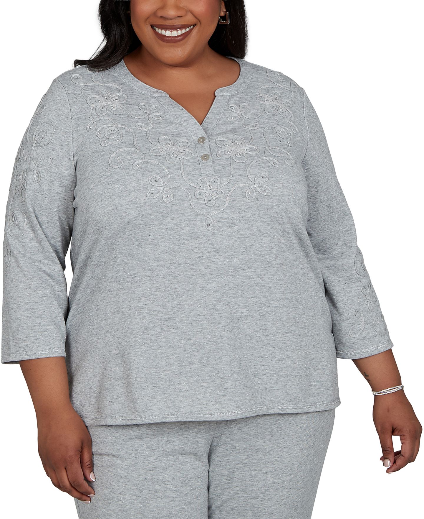 Женский топ Alfred Dunner Plus Size 3/4-Sleeve Henley, цвет: Джинсовый меланжевый — фото 6