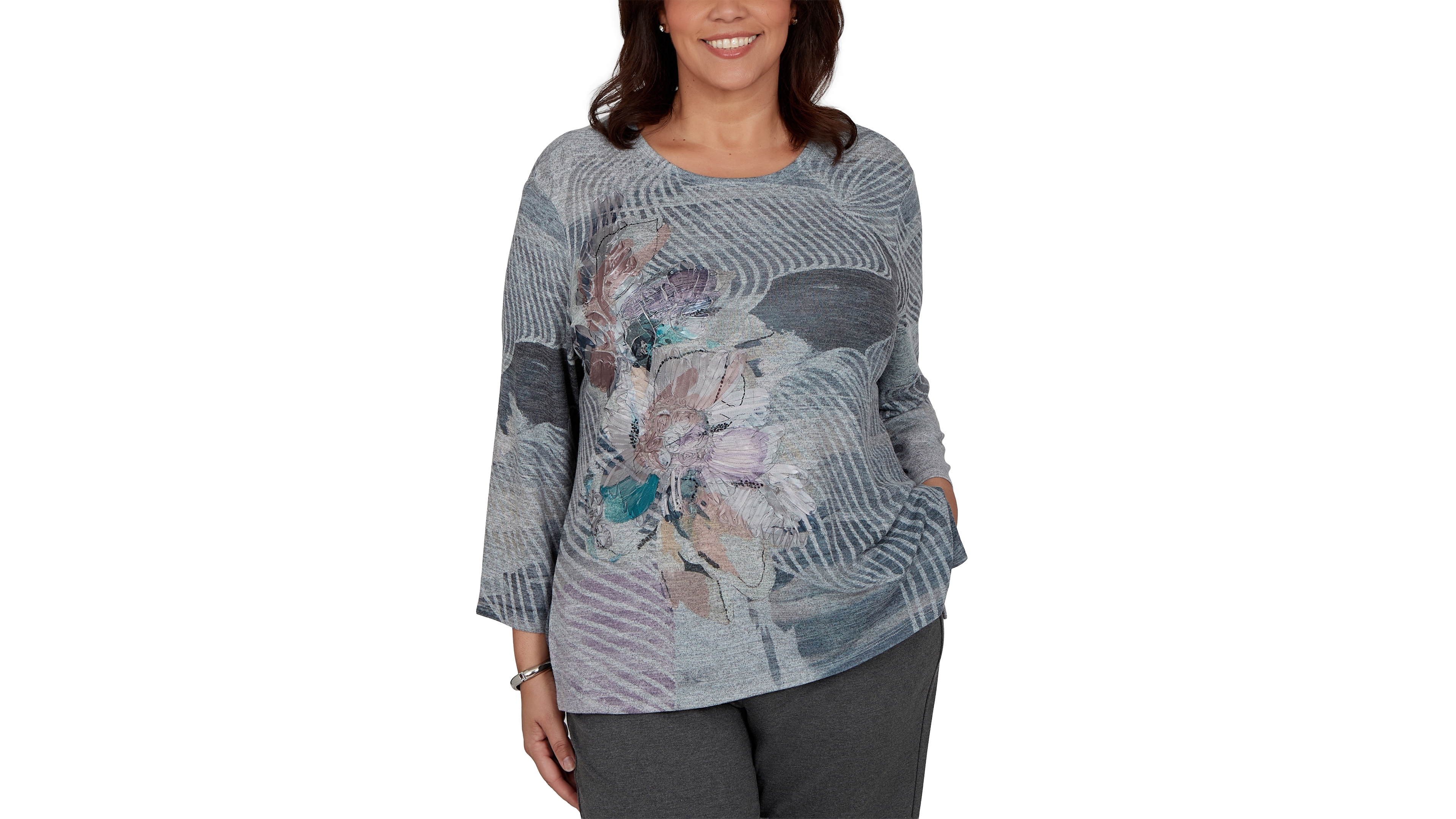 Alfred Dunner Plus Crewneck 3/4-Sleeve Floral T-Shirt