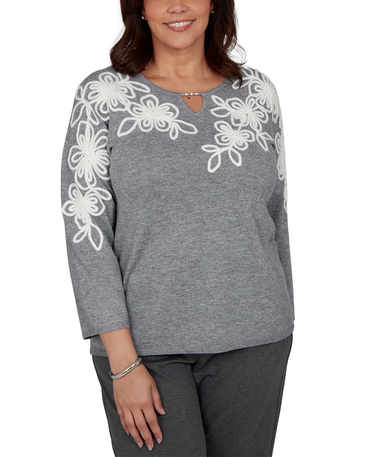 Alfred Dunner Plus Size 3/4-Sleeve Keyhole Neck Floral Embroidery Sweater - Gray