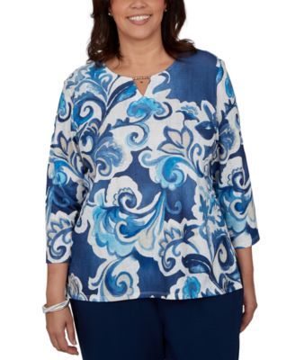 Plus Size Floral-Print 3/4-Sleeve T-Shirt