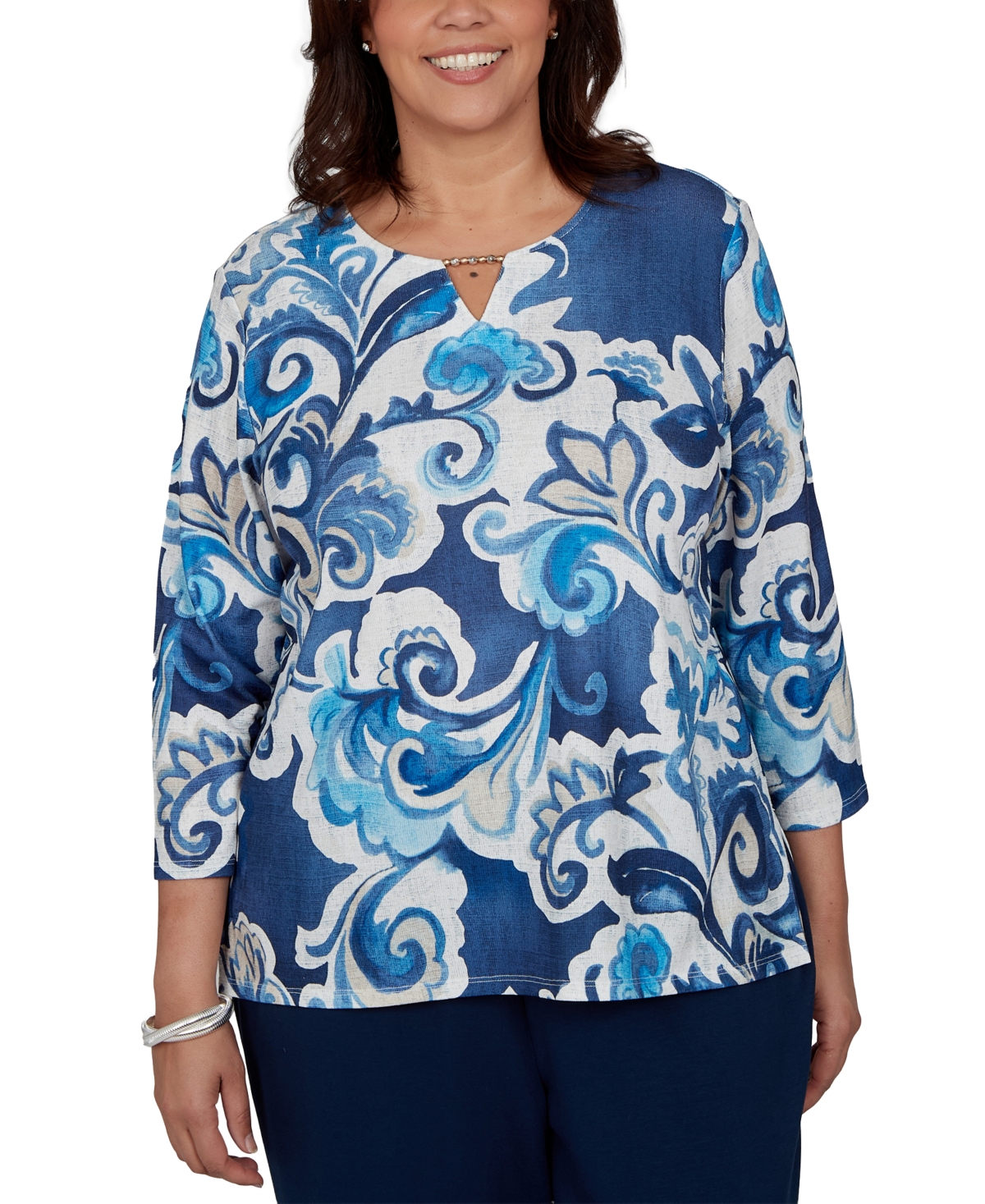 Alfred Dunner Plus Size Floral-Print 3/4-Sleeve T-Shirt - Ink