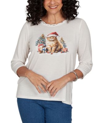 Petite Santa Cat Holiday 3/4-Sleeve Knit Top