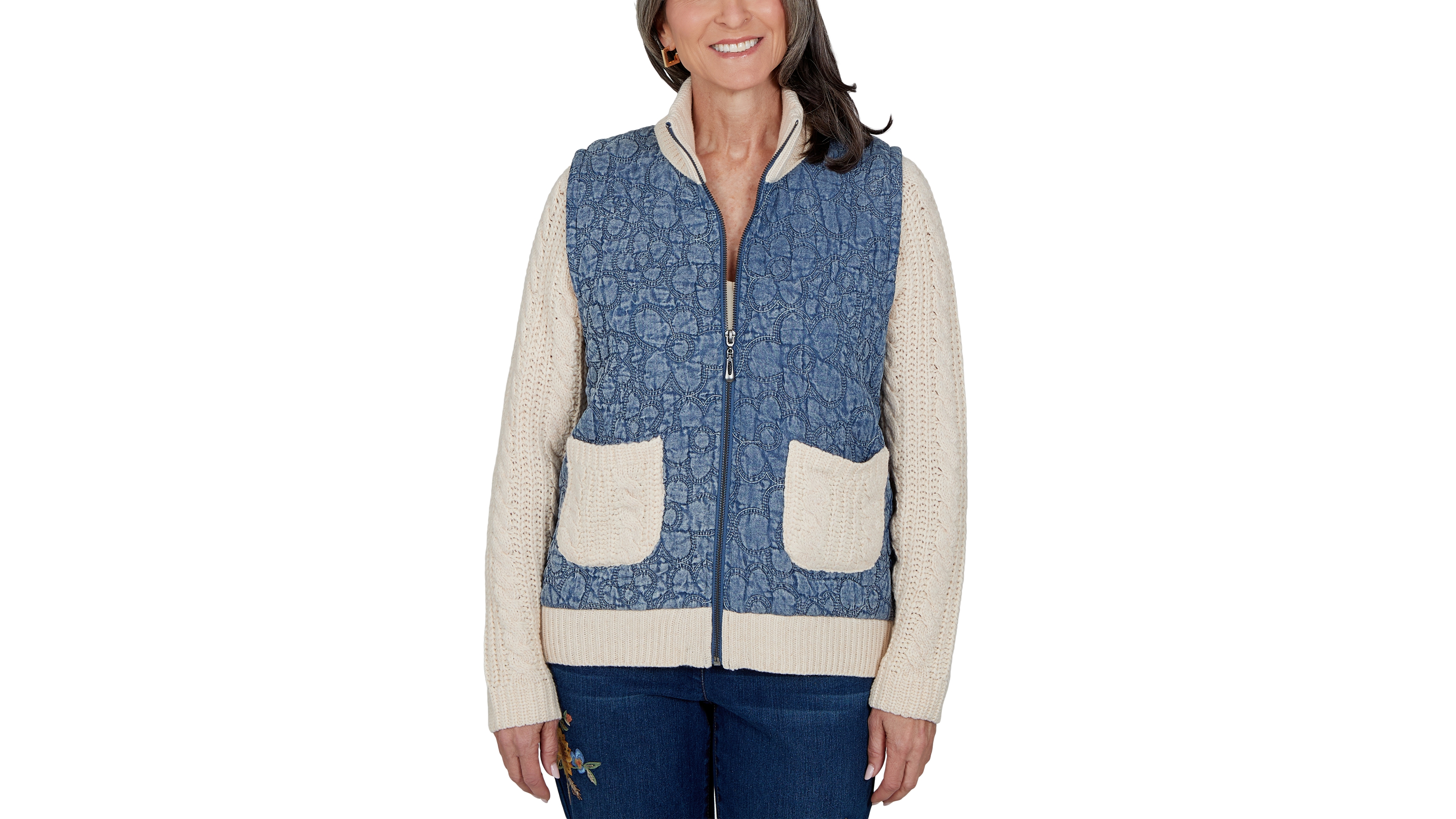 Alfred Dunner Women's Quilted Cable-Knit Mock Neck Jacket
